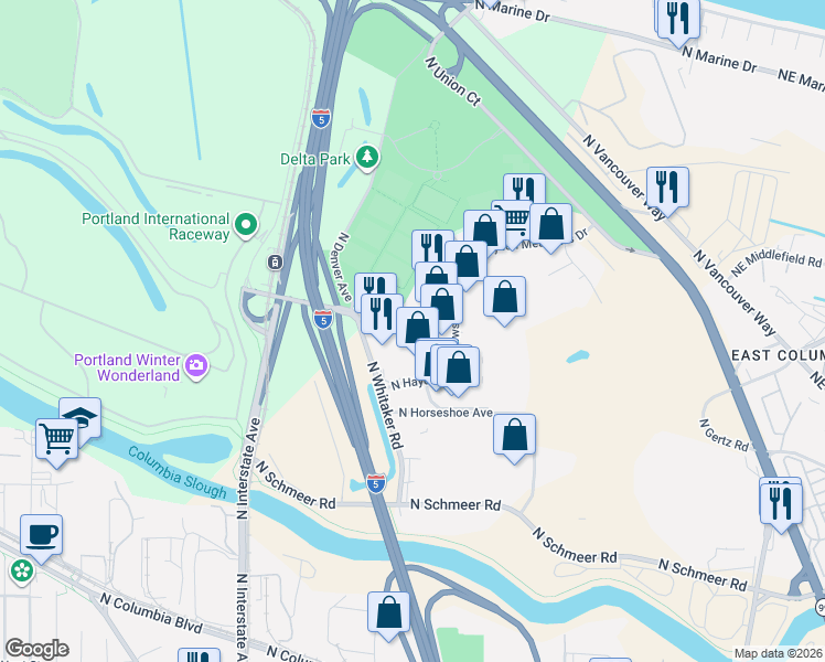 map of restaurants, bars, coffee shops, grocery stores, and more near 1215 N Hayden Meadows Dr in Portland