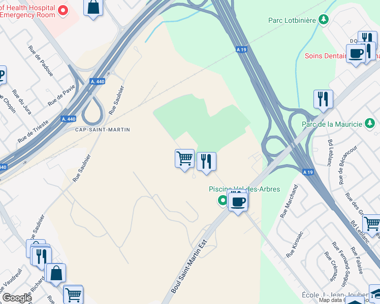 map of restaurants, bars, coffee shops, grocery stores, and more near 1755 Rue de Lierre in Laval