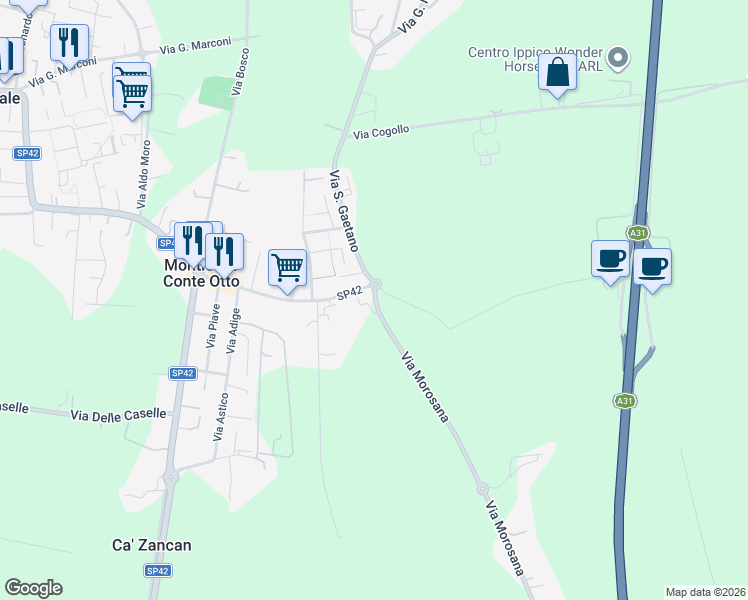map of restaurants, bars, coffee shops, grocery stores, and more near 68 Via Roma in Monticello Conte Otto