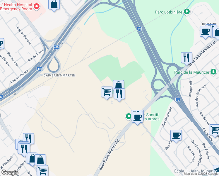 map of restaurants, bars, coffee shops, grocery stores, and more near 1755 Rue de Lierre in Laval