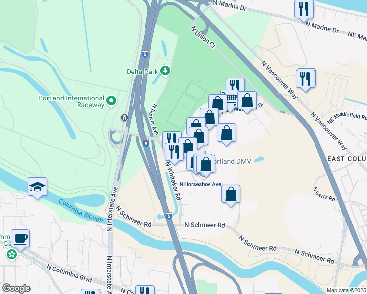 map of restaurants, bars, coffee shops, grocery stores, and more near 1215 North Hayden Meadows Drive in Portland