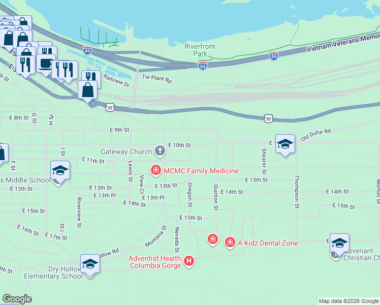 map of restaurants, bars, coffee shops, grocery stores, and more near 1800 East 11th Street in The Dalles