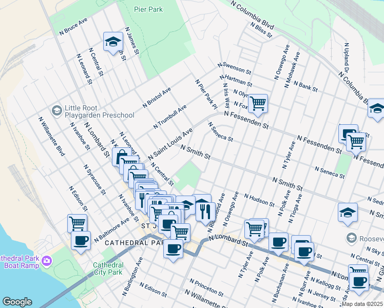 map of restaurants, bars, coffee shops, grocery stores, and more near 9037 North Chicago Avenue in Portland