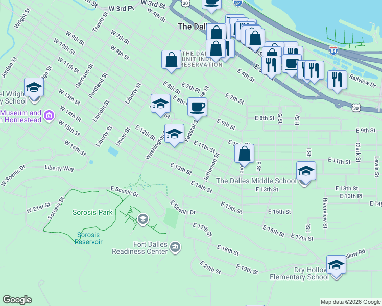 map of restaurants, bars, coffee shops, grocery stores, and more near 415 East 12th Street in The Dalles
