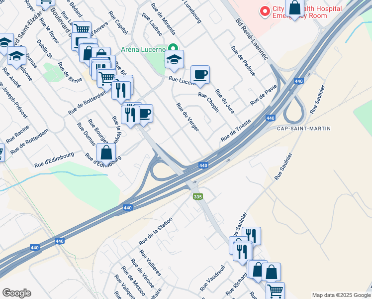 map of restaurants, bars, coffee shops, grocery stores, and more near 1589 Rue Bédard in Laval