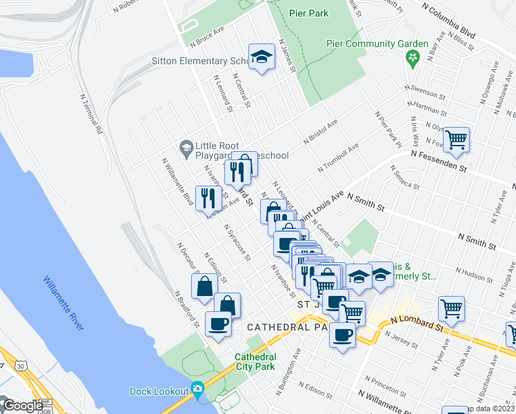 map of restaurants, bars, coffee shops, grocery stores, and more near 9333 North Lombard Street in Portland