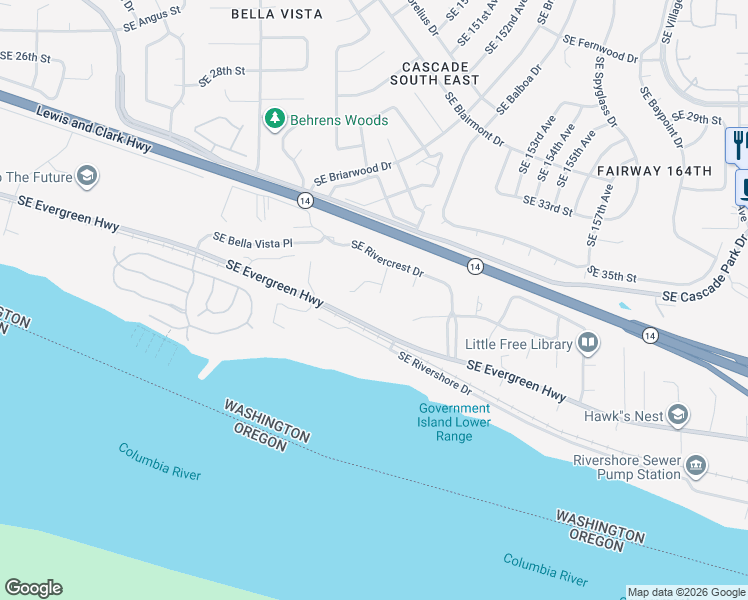 map of restaurants, bars, coffee shops, grocery stores, and more near 3612 Southeast 147th Court in Vancouver