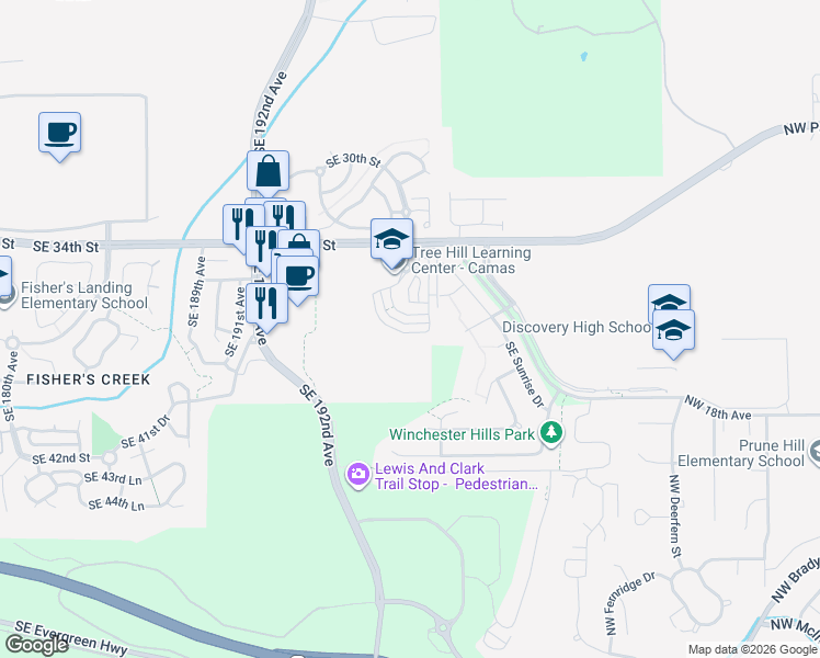 map of restaurants, bars, coffee shops, grocery stores, and more near 19763 Southeast 38th Way in Camas