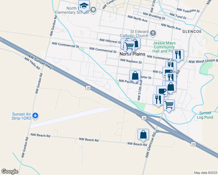 map of restaurants, bars, coffee shops, grocery stores, and more near 10265 Northwest Oak Terrace in North Plains