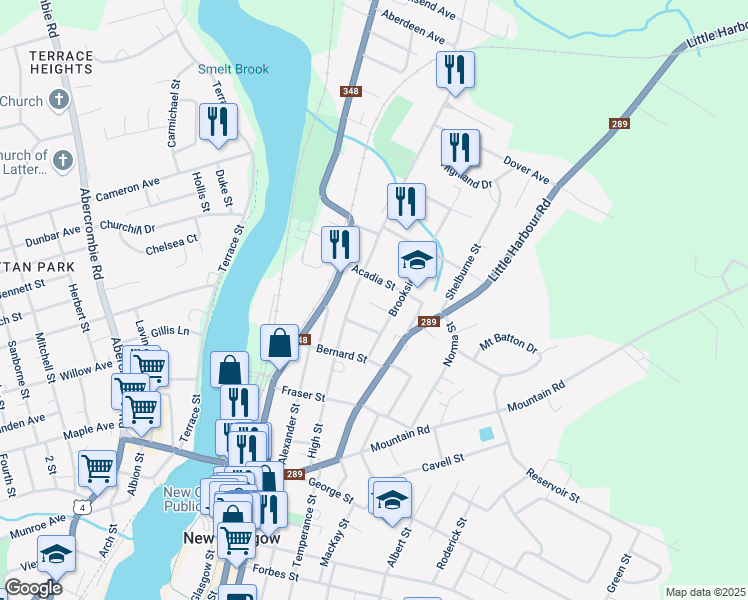 map of restaurants, bars, coffee shops, grocery stores, and more near 267 Poplar Street in New Glasgow