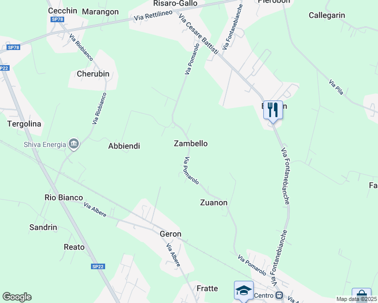 map of restaurants, bars, coffee shops, grocery stores, and more near Via Pomarolo in Provincia di Padova