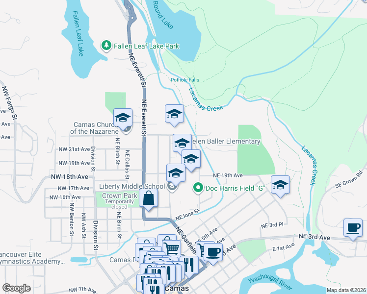 map of restaurants, bars, coffee shops, grocery stores, and more near 1954 Northeast Garfield Street in Camas