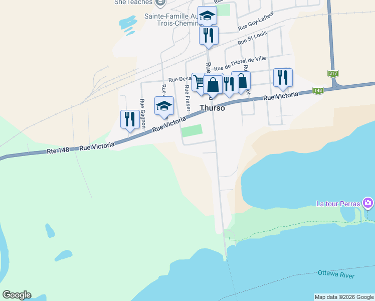 map of restaurants, bars, coffee shops, grocery stores, and more near 354 Rue Desrosiers in Thurso