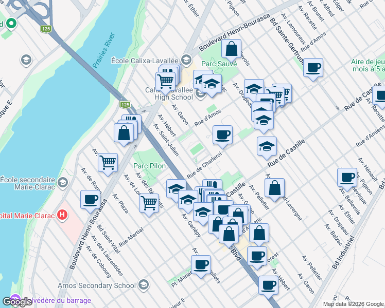 map of restaurants, bars, coffee shops, grocery stores, and more near 3427 Place de l'Hôtel-de-Ville in Montréal