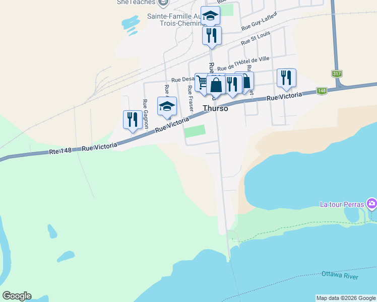 map of restaurants, bars, coffee shops, grocery stores, and more near 354 Rue Desrosiers in Thurso