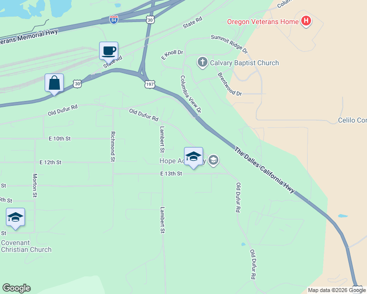 map of restaurants, bars, coffee shops, grocery stores, and more near 3304 Old Dufur Road in The Dalles