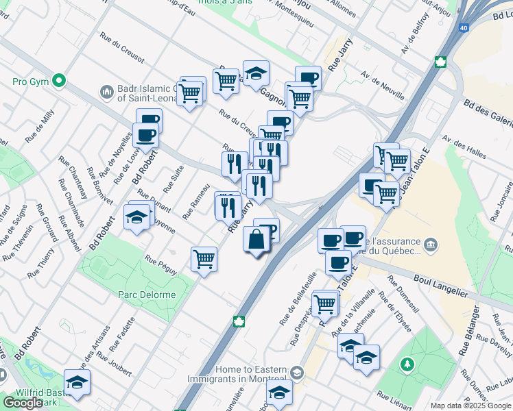 map of restaurants, bars, coffee shops, grocery stores, and more near 8000 Boulevard Langelier in Montréal