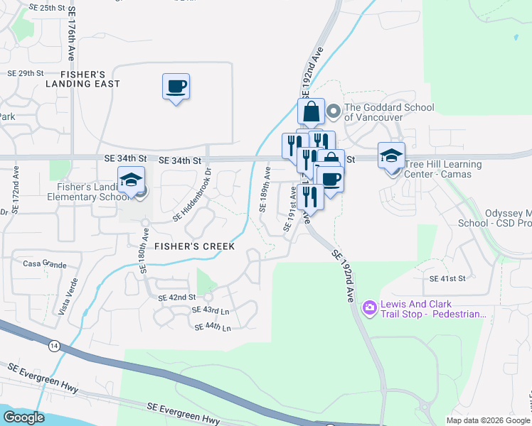 map of restaurants, bars, coffee shops, grocery stores, and more near 3809 Southeast 189th Avenue in Vancouver