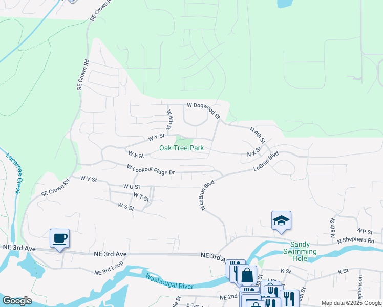 map of restaurants, bars, coffee shops, grocery stores, and more near 350 West X Circle in Washougal