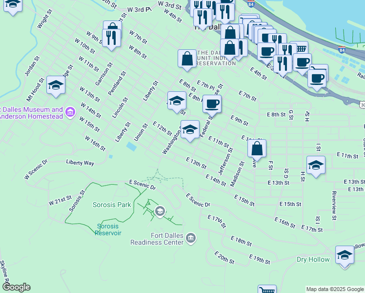 map of restaurants, bars, coffee shops, grocery stores, and more near 311 East 13th Street in The Dalles