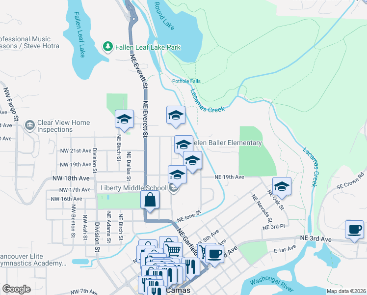 map of restaurants, bars, coffee shops, grocery stores, and more near 2033 Northeast Ione Street in Camas