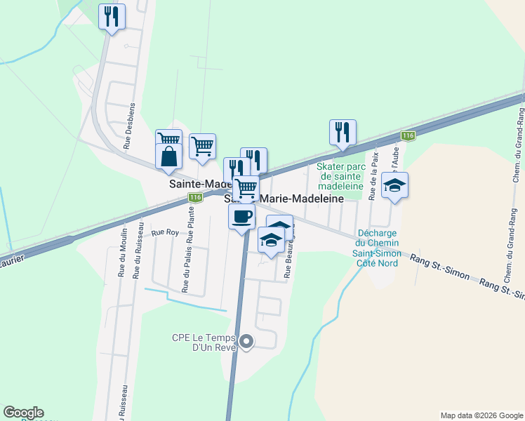 map of restaurants, bars, coffee shops, grocery stores, and more near 750 Rue Saint-Simon in Sainte-Madeleine