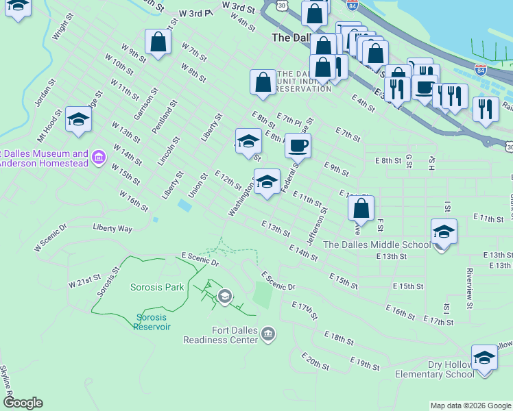 map of restaurants, bars, coffee shops, grocery stores, and more near 318 East 12th Street in The Dalles