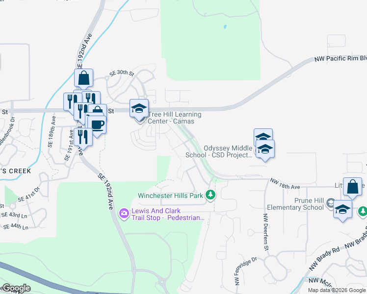 map of restaurants, bars, coffee shops, grocery stores, and more near 3704 Southeast Sunrise Drive in Camas