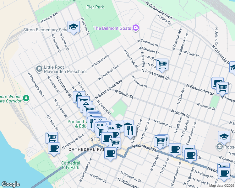 map of restaurants, bars, coffee shops, grocery stores, and more near 9037 North Chicago Avenue in Portland