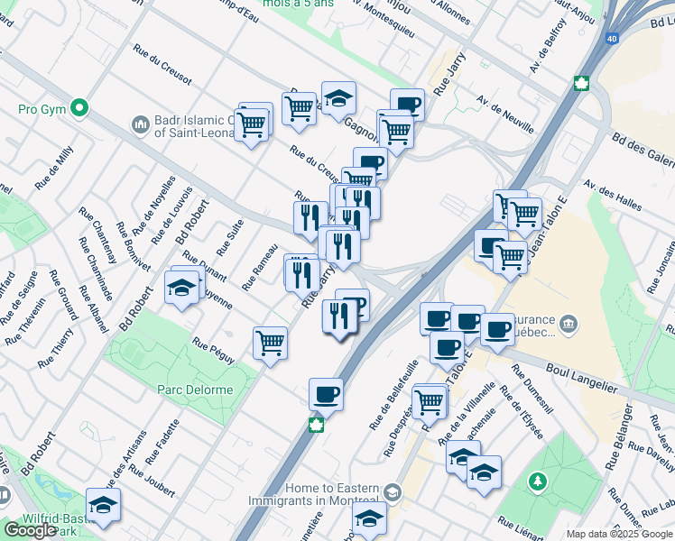 map of restaurants, bars, coffee shops, grocery stores, and more near 8000 Boulevard Langelier in Montréal