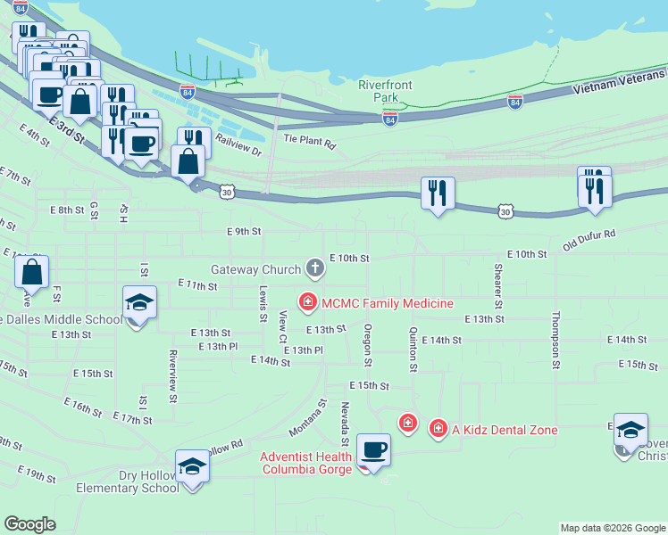 map of restaurants, bars, coffee shops, grocery stores, and more near 1110 Dry Hollow Road in The Dalles