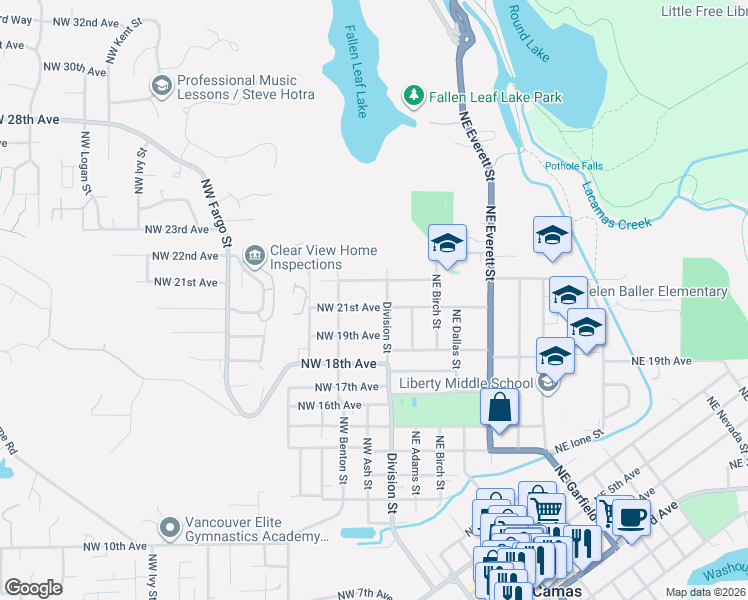 map of restaurants, bars, coffee shops, grocery stores, and more near 123 Northwest 21st Avenue in Camas