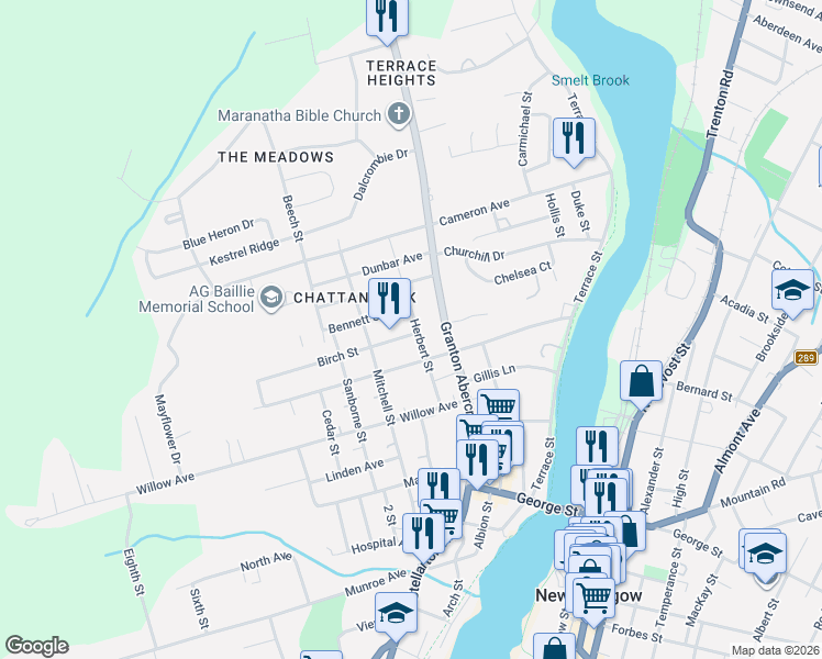 map of restaurants, bars, coffee shops, grocery stores, and more near 112 Herbert Street in New Glasgow