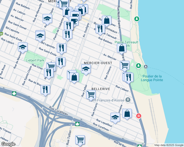 map of restaurants, bars, coffee shops, grocery stores, and more near in Montréal