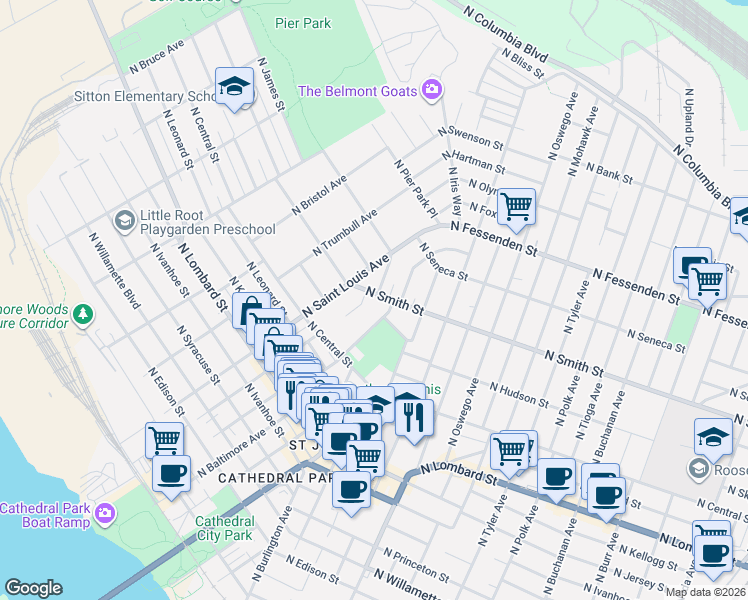 map of restaurants, bars, coffee shops, grocery stores, and more near 8950 North Smith Street in Portland