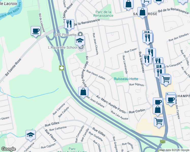 map of restaurants, bars, coffee shops, grocery stores, and more near 6848 Rue Henri-Julien in Laval