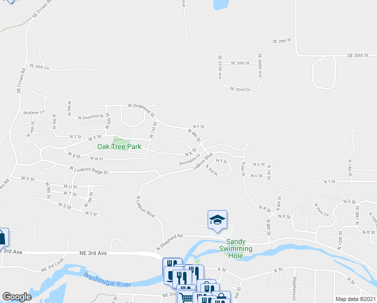 map of restaurants, bars, coffee shops, grocery stores, and more near 2403 North 3rd Street in Washougal