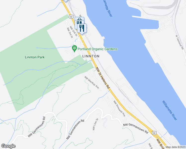 map of restaurants, bars, coffee shops, grocery stores, and more near 10035 Northwest Wilark Avenue in Portland