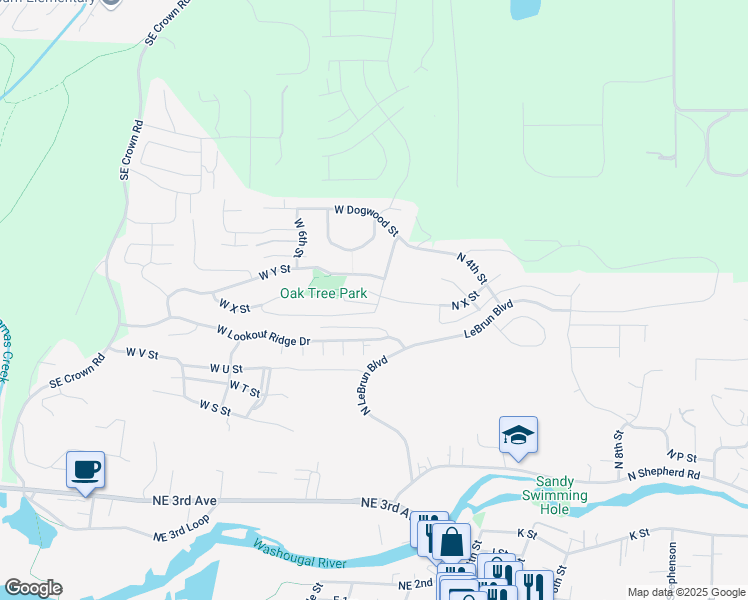 map of restaurants, bars, coffee shops, grocery stores, and more near 147 West Lookout Ridge Drive in Washougal