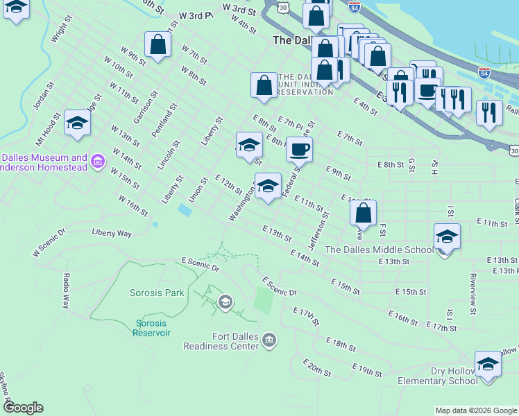 map of restaurants, bars, coffee shops, grocery stores, and more near 311 East 13th Street in The Dalles