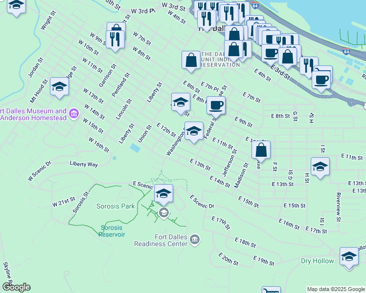 map of restaurants, bars, coffee shops, grocery stores, and more near 311 East 13th Street in The Dalles