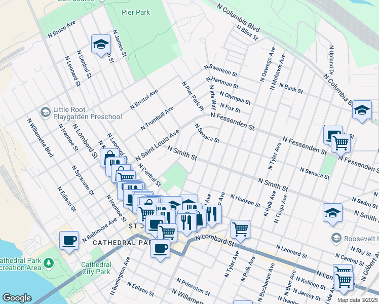 map of restaurants, bars, coffee shops, grocery stores, and more near 8420 North Smith Street in Portland
