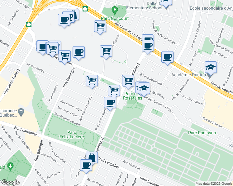 map of restaurants, bars, coffee shops, grocery stores, and more near 7171 Rue Beaubien Est in Montréal