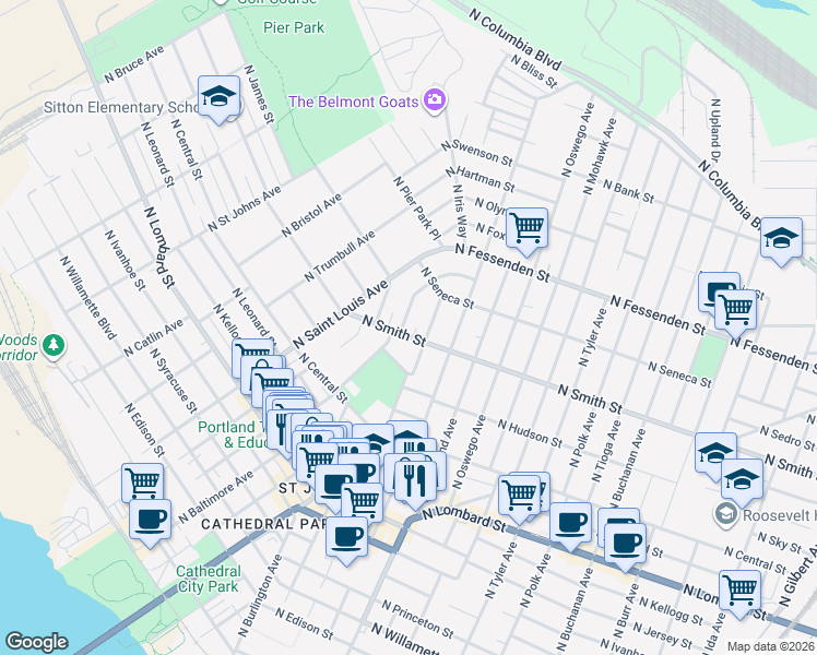 map of restaurants, bars, coffee shops, grocery stores, and more near 8420 North Smith Street in Portland