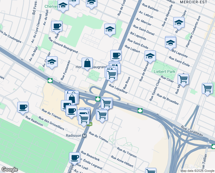 map of restaurants, bars, coffee shops, grocery stores, and more near in Montreal