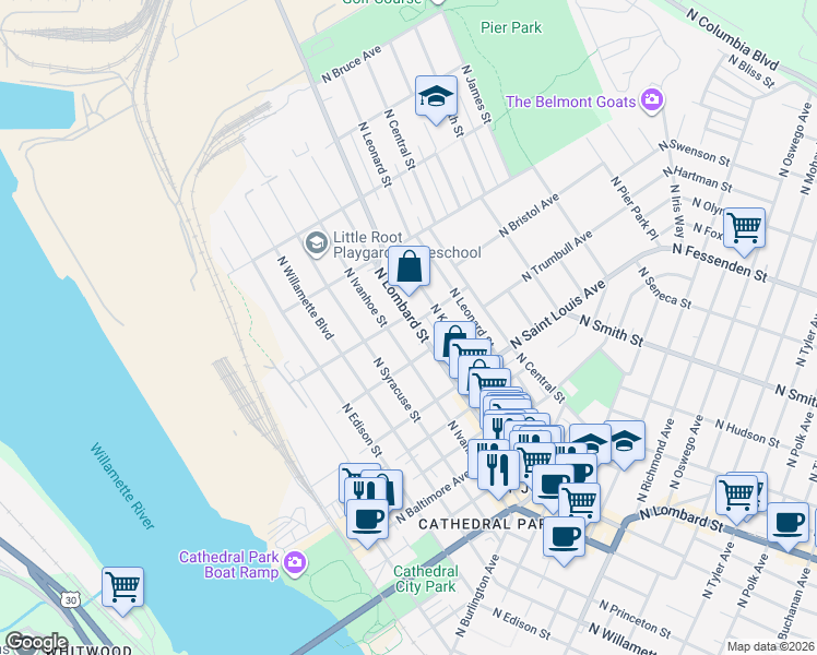 map of restaurants, bars, coffee shops, grocery stores, and more near 9404 North Ivanhoe Street in Portland