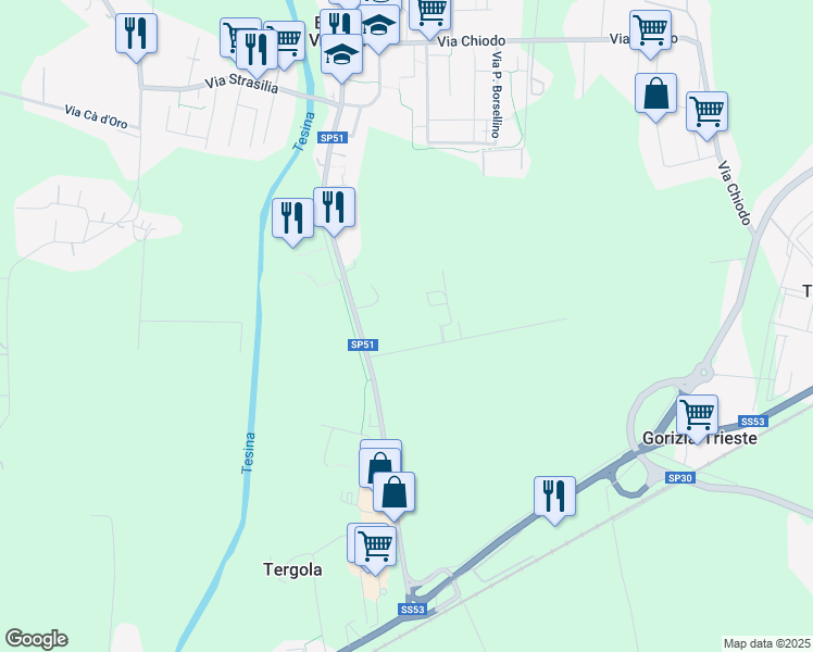 map of restaurants, bars, coffee shops, grocery stores, and more near 43 Via Zuccola in Vicenza