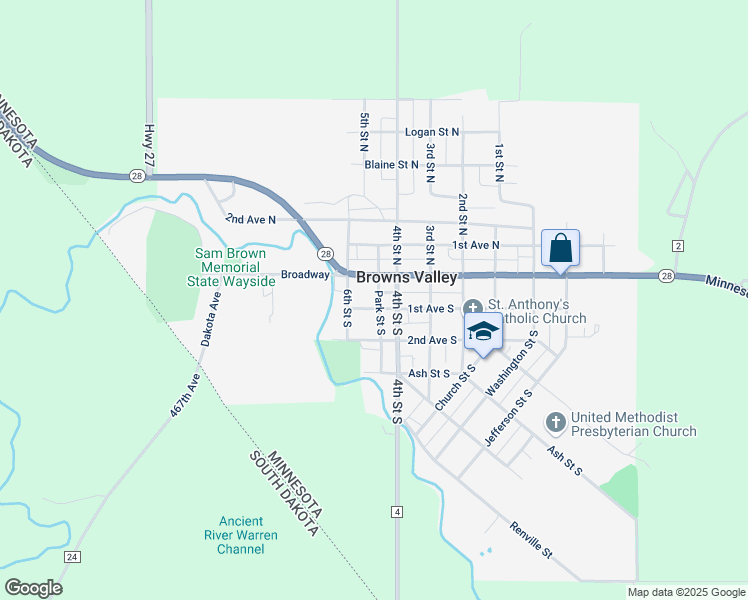 map of restaurants, bars, coffee shops, grocery stores, and more near 511 1st Avenue North in Browns Valley