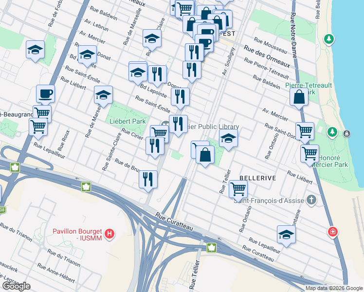 map of restaurants, bars, coffee shops, grocery stores, and more near 8090 Rue A.-A.-Desroches in Montréal