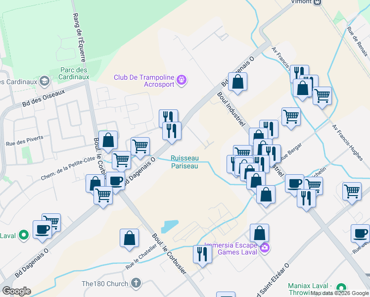 map of restaurants, bars, coffee shops, grocery stores, and more near 1490 Boulevard Dagenais Ouest in Laval